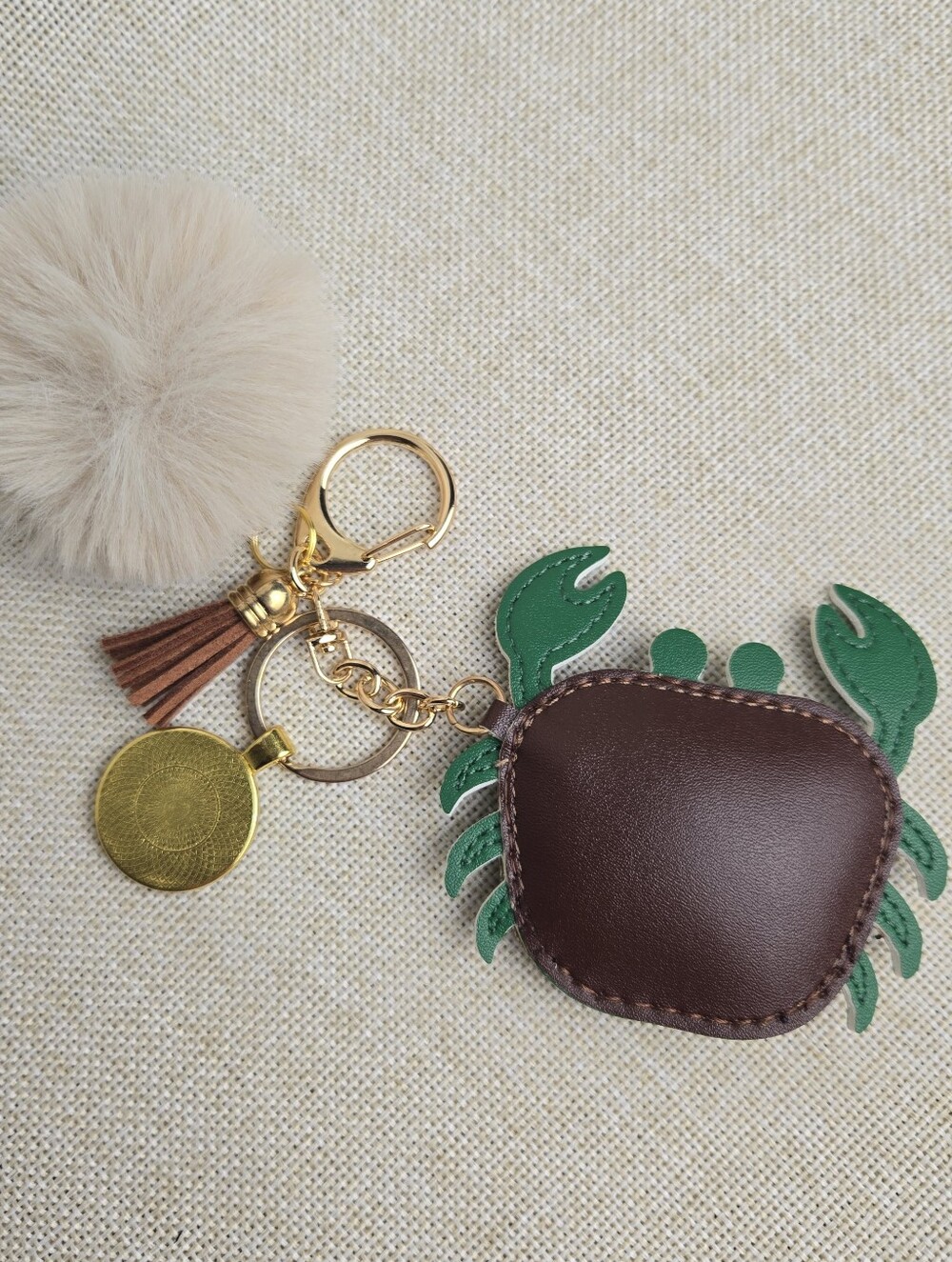 New Upcycled Gucci Crab Bag Charm Keychain 2 Keyrings Fluffy Pom Pom - Picture 2 of 2